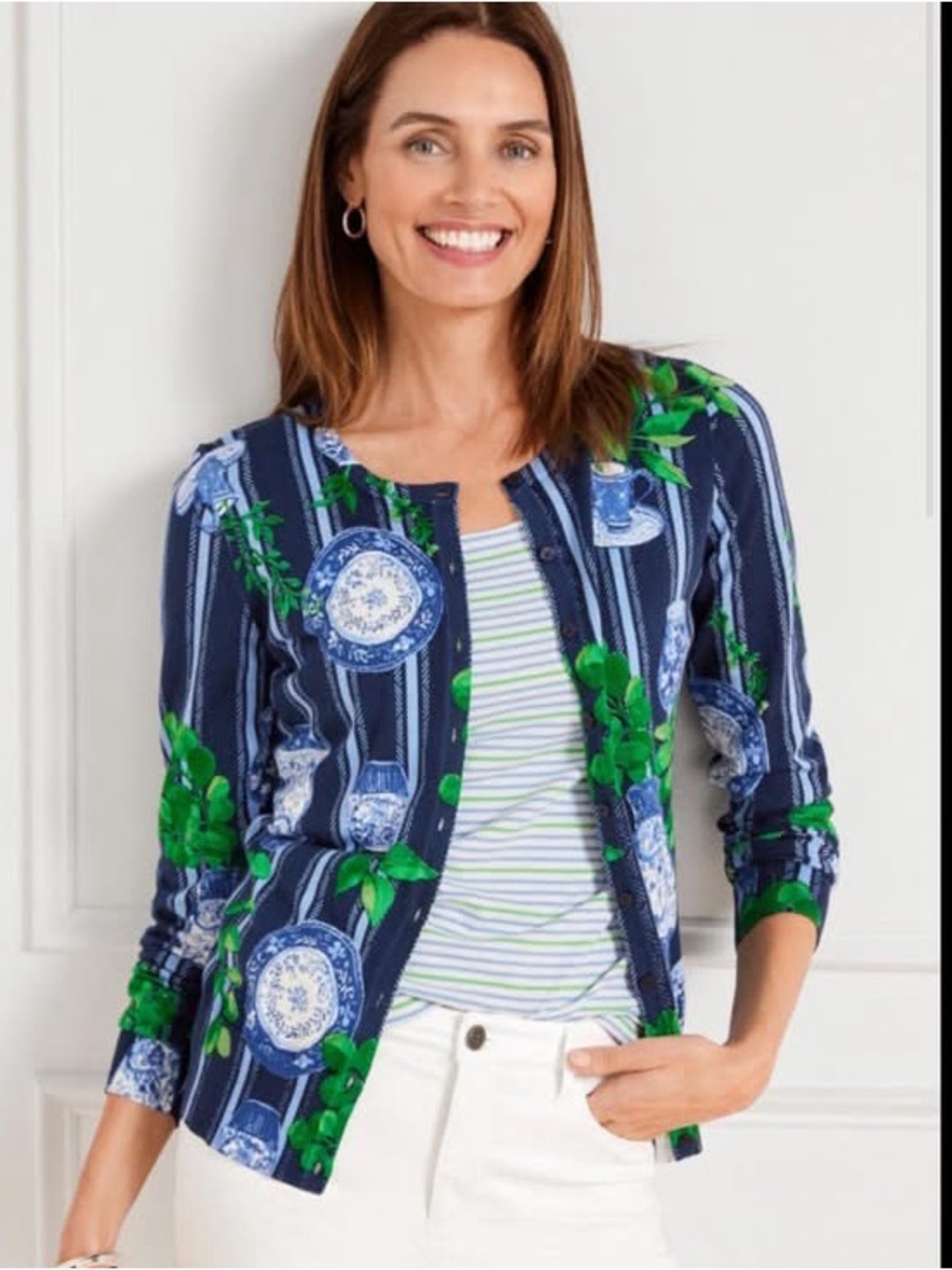 Talbots size S charming cardigan sweater Navy whimsical fern vase print